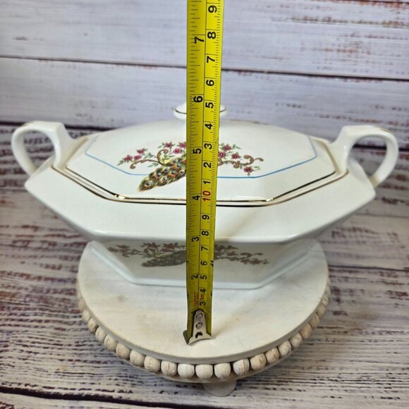 Vintage Octagonal Ceramic Tureen With Lid & Handles Peacock & Floral Motif White - Picture 8 of 13